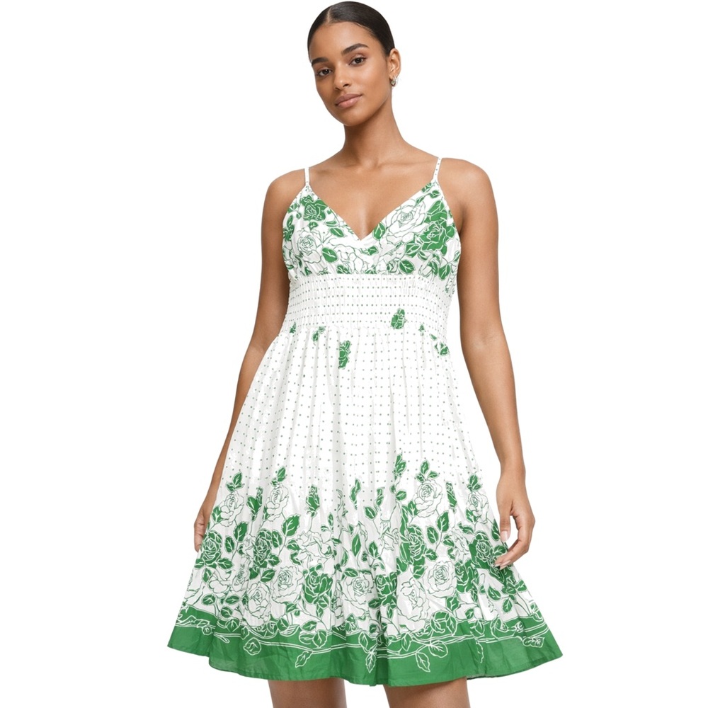 Women’s Green Cotton Sundress V-Neck Smocked Waist Spaghetti Strap Summer A-Line